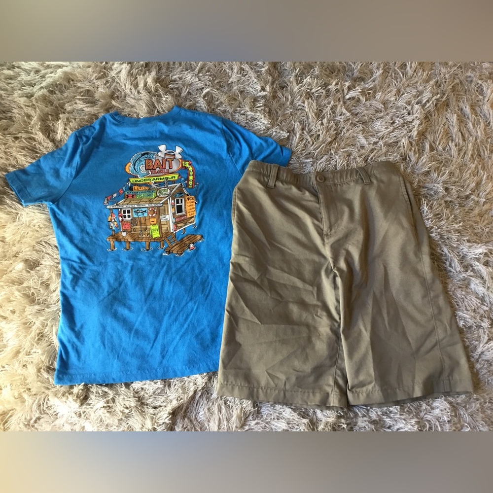 UNDER ARMOUR Boys size M 14 FISHING T SHIRT SHORTS OUTFIT